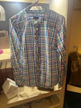Talbots Multicolor Plaid Ruffle-Trim Button-Up Blouse